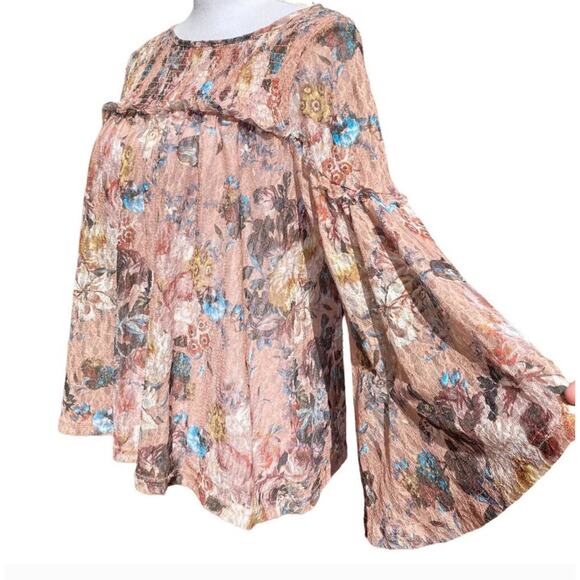 Anthropologie AKEMI+KIN Women's size M Floral Smocked Ruffle Bell Lacey Top - Picture 6 of 10